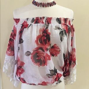 2b Bebe Floral Kimono Sleeve Off Shoulder Blouse